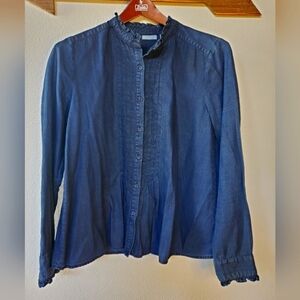 Hinge Linen Blend Chambray Dark Wash Top Pleated Ruffles Womens XS